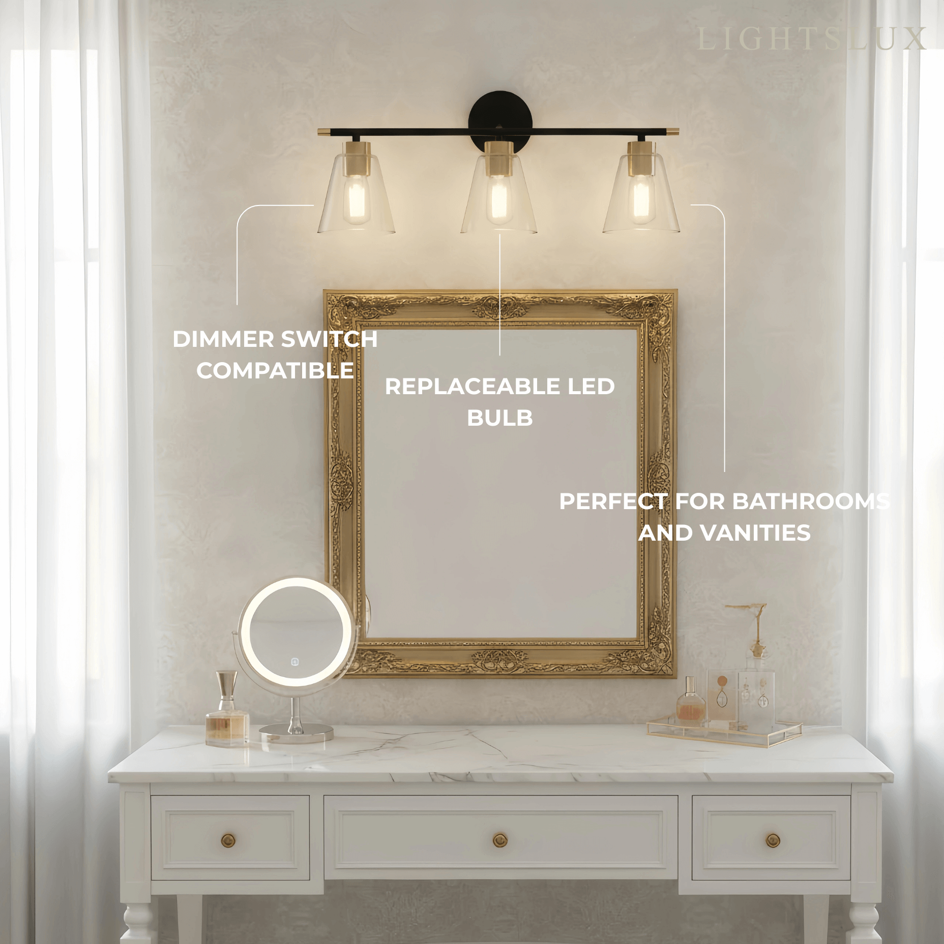 3-Light Bathroom Vanity – Matte Black/Brushed Gold Flared Glass Shades Bathroom - Flindria