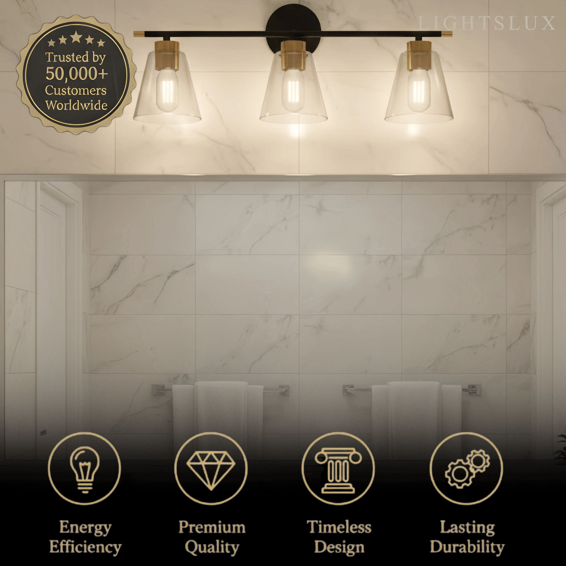3-Light Bathroom Vanity – Matte Black/Brushed Gold Flared Glass Shades Bathroom - Flindria