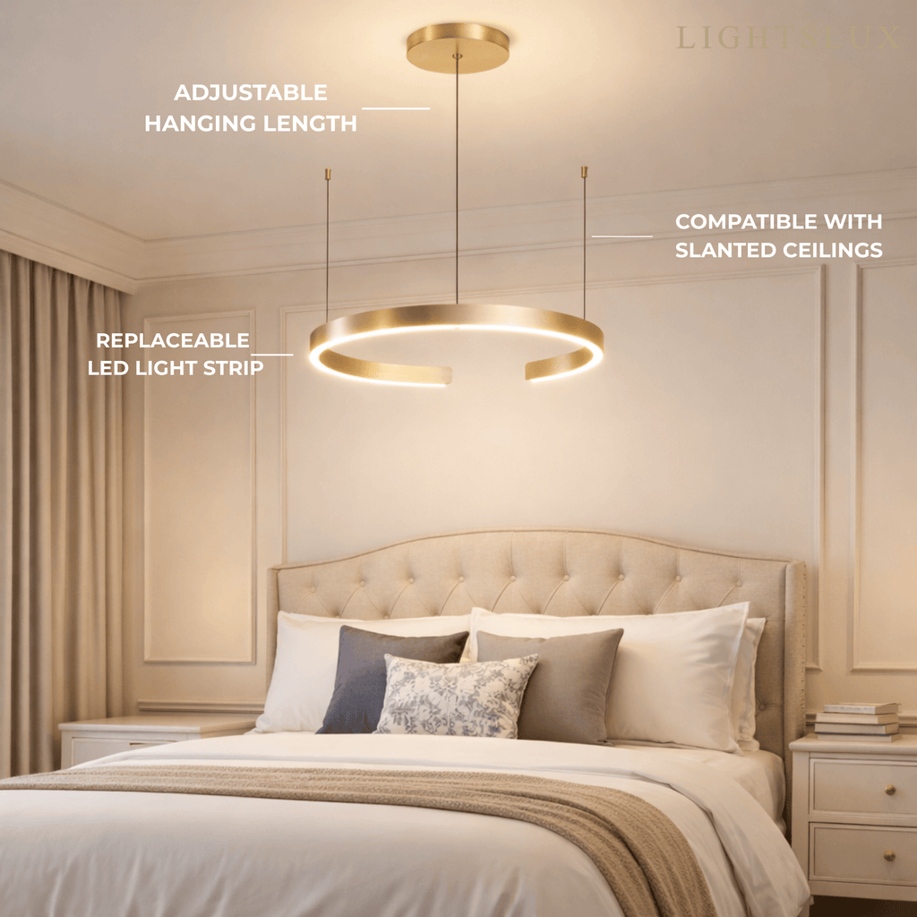 Lámpara colgante moderna de anillo dorado flotante – Tres cables ajustables para dormitorio/comedor - Flindria