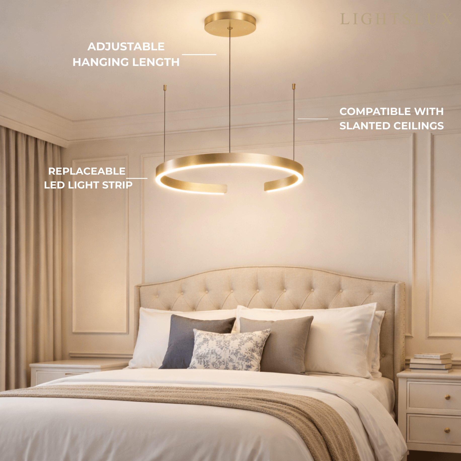 Lámpara colgante moderna de anillo dorado flotante – Tres cables ajustables para dormitorio/comedor - Flindria