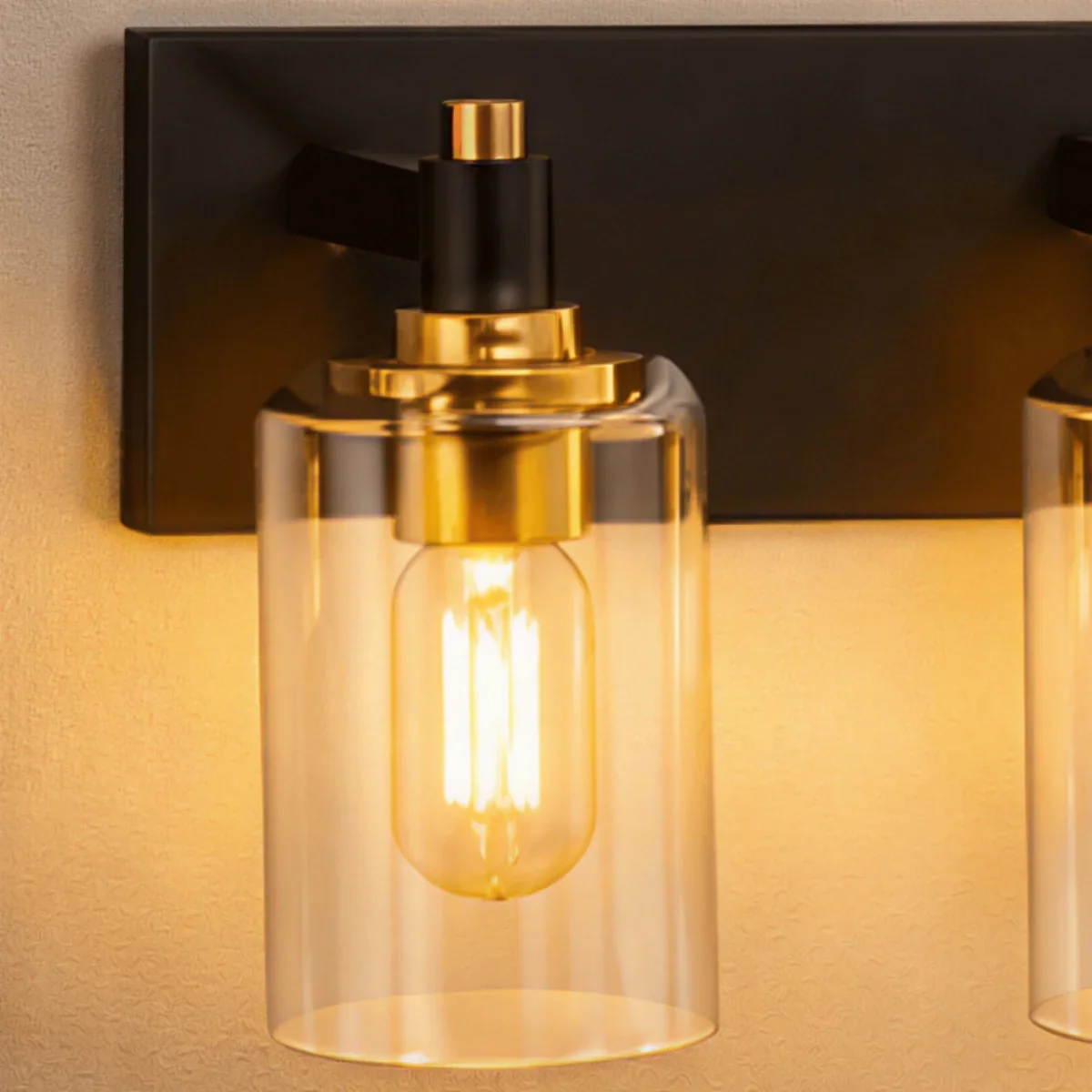 4-Light Bathroom Vanity – Matte Black with Brushed Gold Clear Glass Shades - Flindria