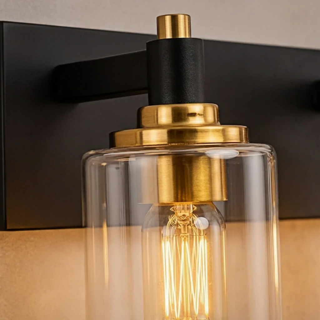 4-Light Bathroom Vanity – Matte Black with Brushed Gold Clear Glass Shades - Flindria