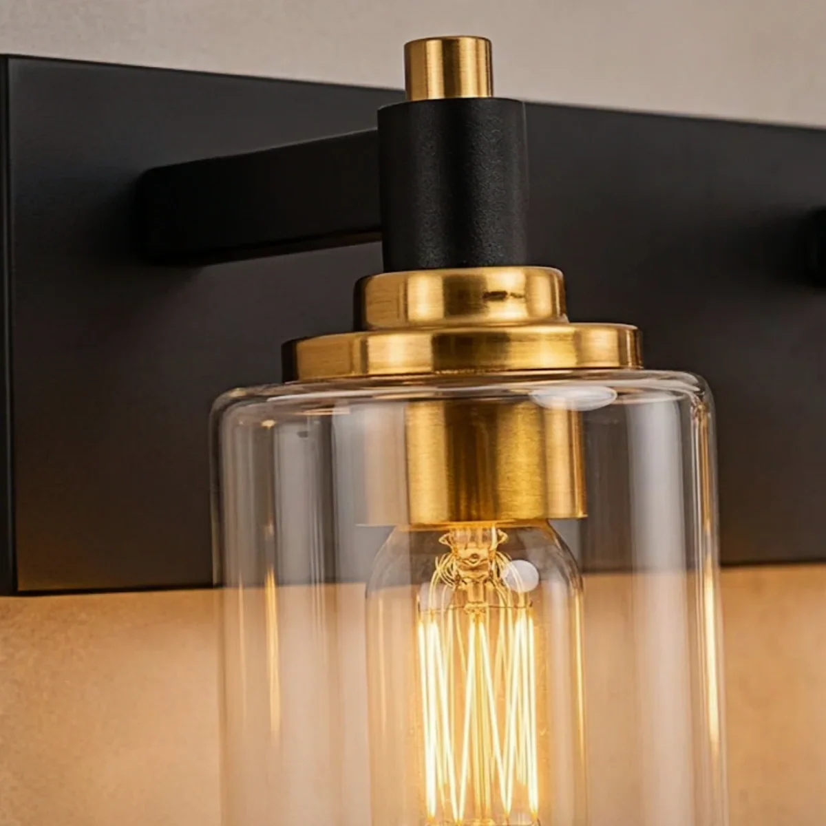 4-Light Bathroom Vanity – Matte Black with Brushed Gold Clear Glass Shades - Flindria