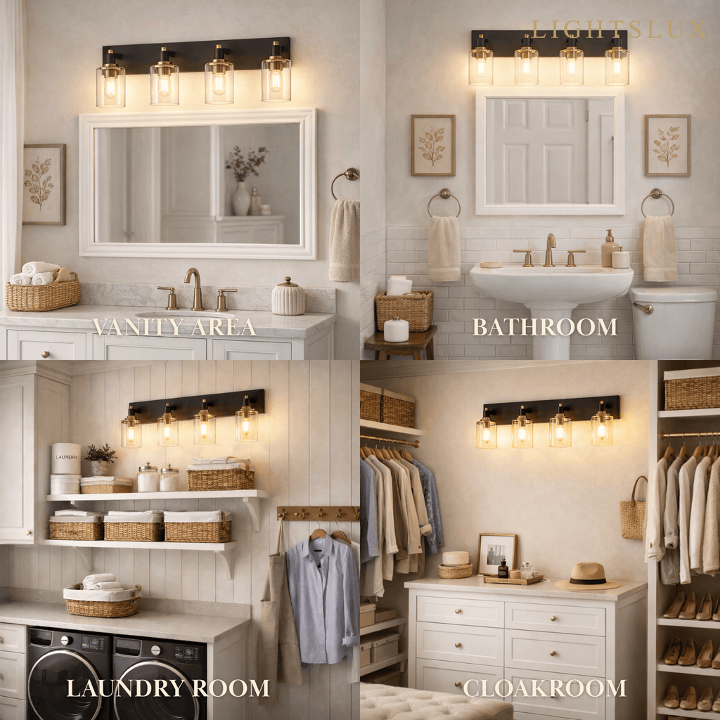4-Light Bathroom Vanity – Matte Black with Brushed Gold Clear Glass Shades - Flindria