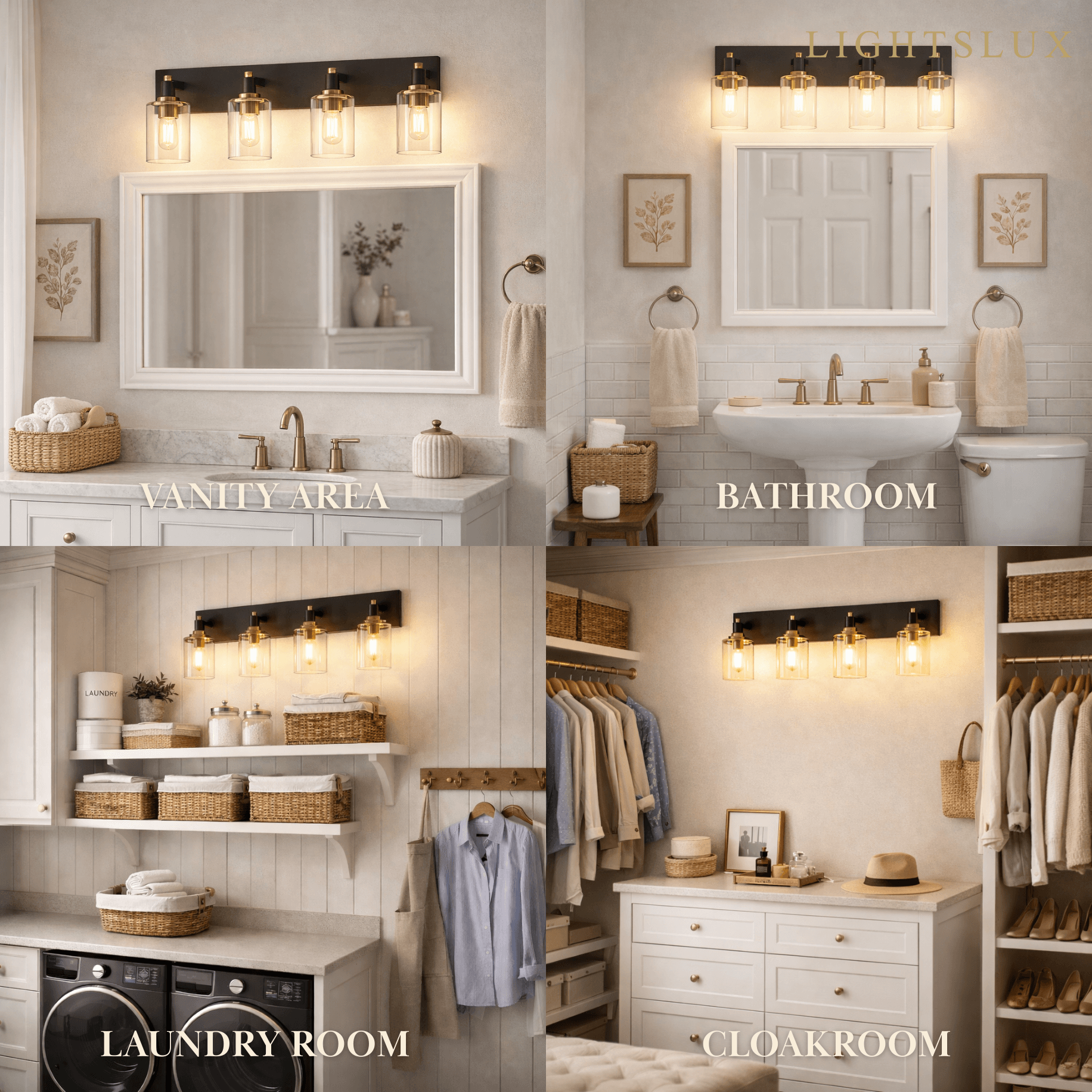4-Light Bathroom Vanity – Matte Black with Brushed Gold Clear Glass Shades - Flindria