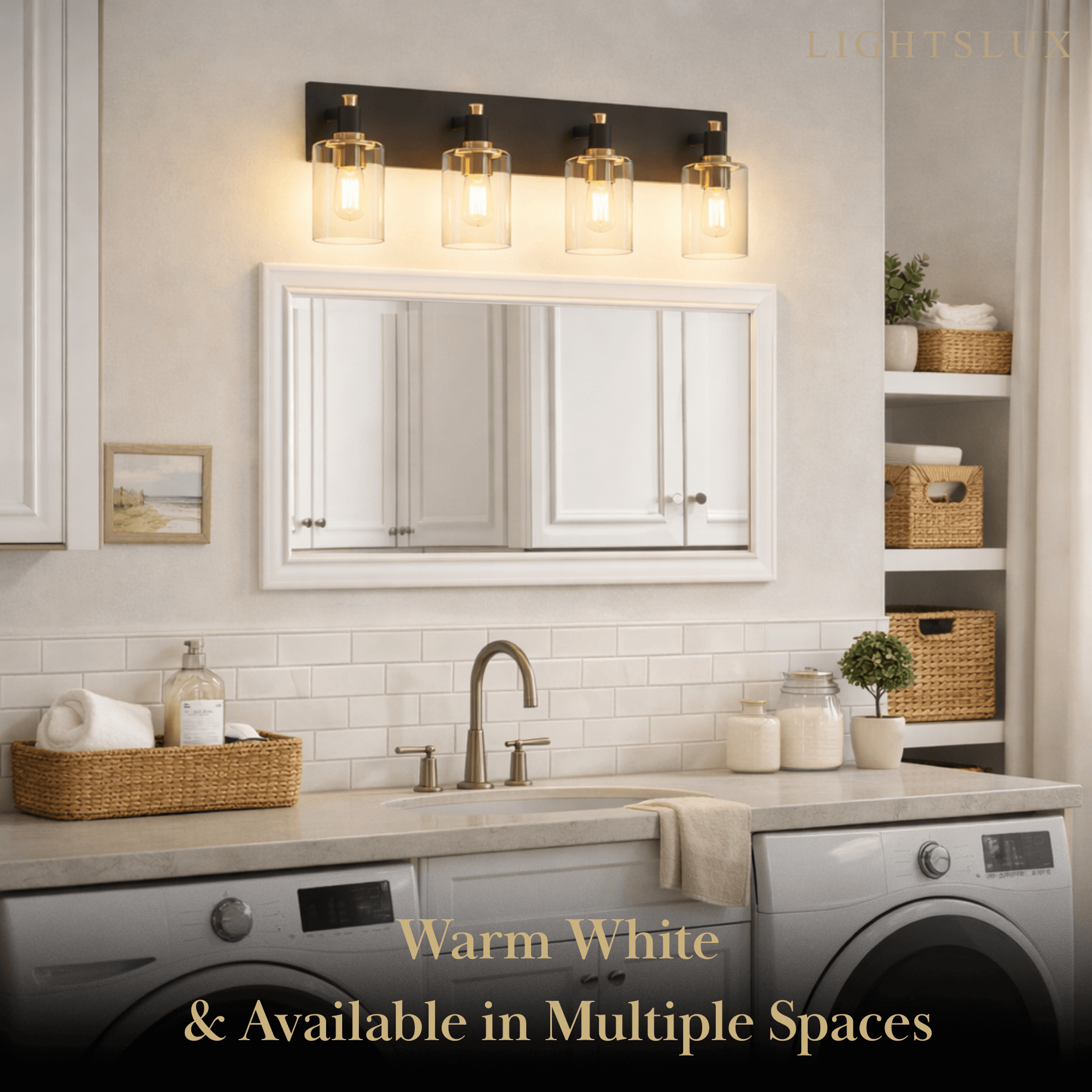 4-Light Bathroom Vanity – Matte Black with Brushed Gold Clear Glass Shades - Flindria