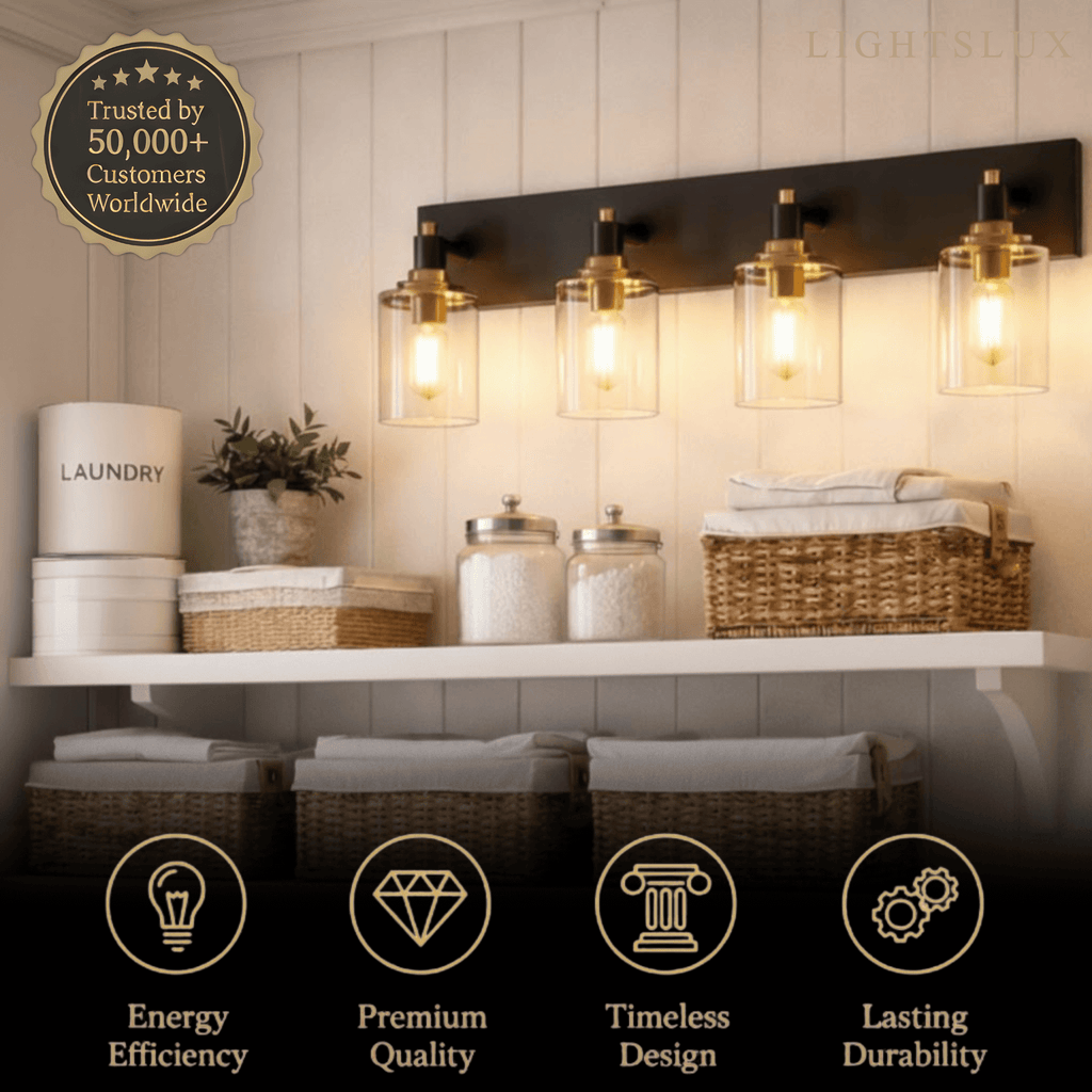 4-Light Bathroom Vanity – Matte Black with Brushed Gold Clear Glass Shades - Flindria