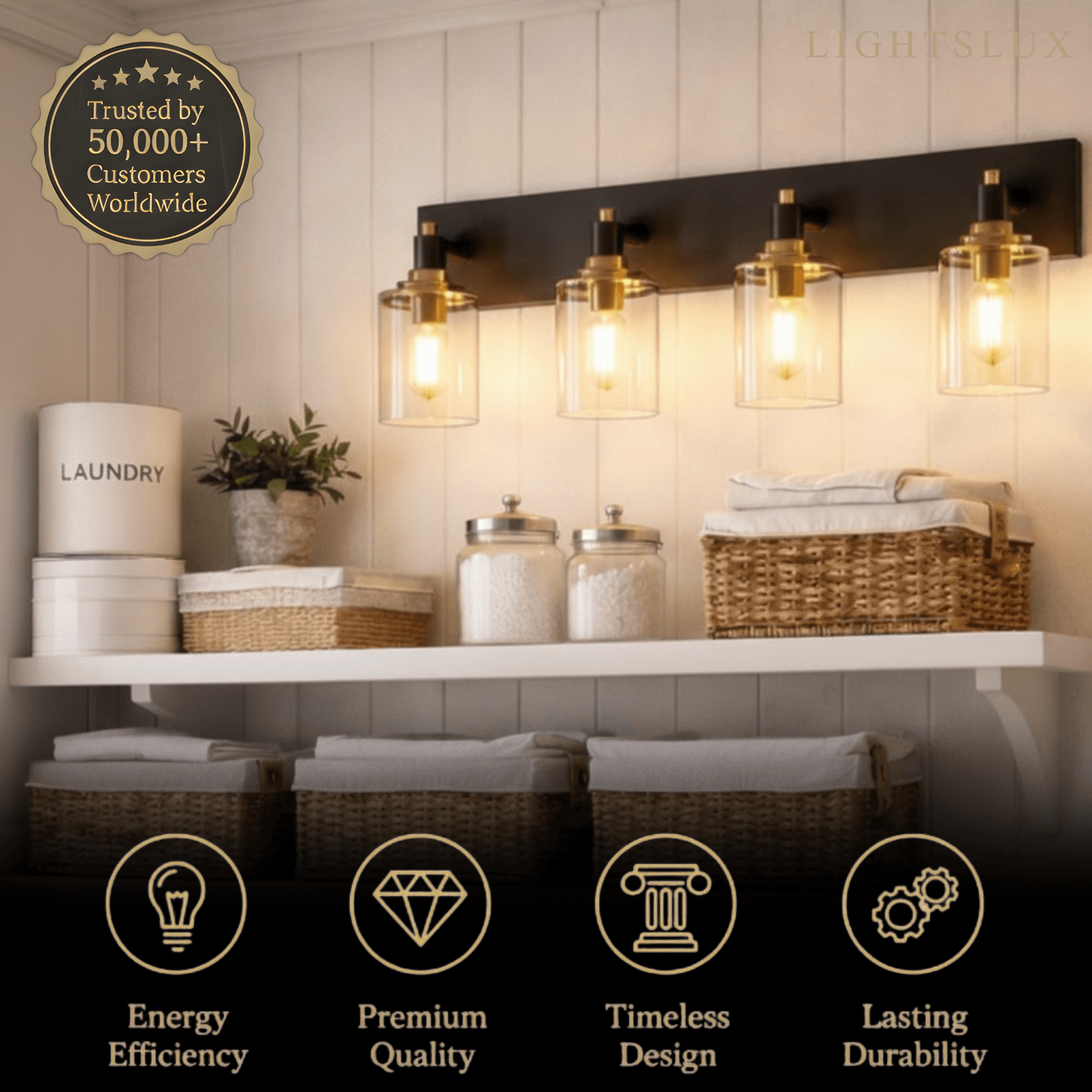 4-Light Bathroom Vanity – Matte Black with Brushed Gold Clear Glass Shades - Flindria