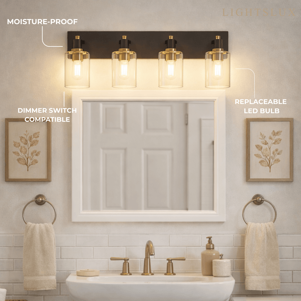 4-Light Bathroom Vanity – Matte Black with Brushed Gold Clear Glass Shades - Flindria