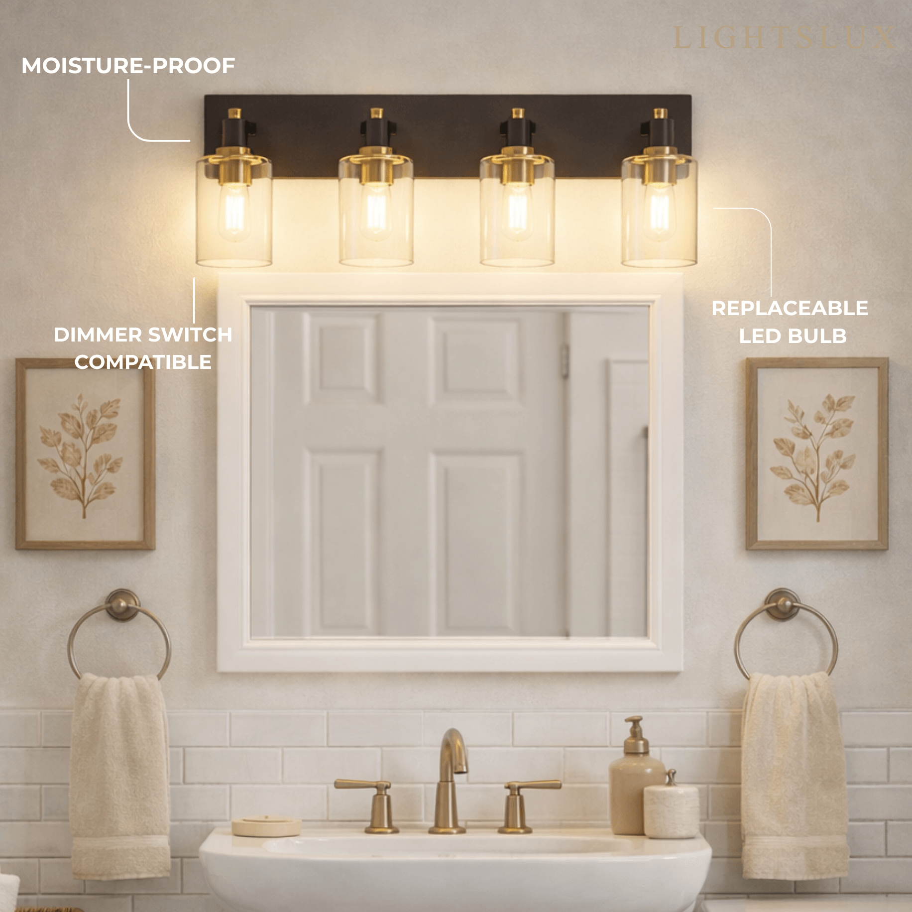 4-Light Bathroom Vanity – Matte Black with Brushed Gold Clear Glass Shades - Flindria