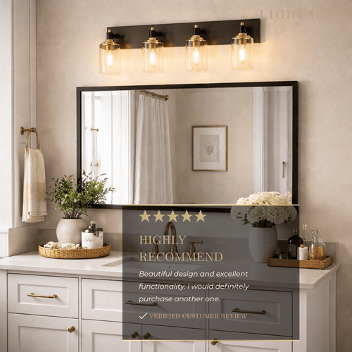 4-Light Bathroom Vanity – Matte Black with Brushed Gold Clear Glass Shades - Flindria
