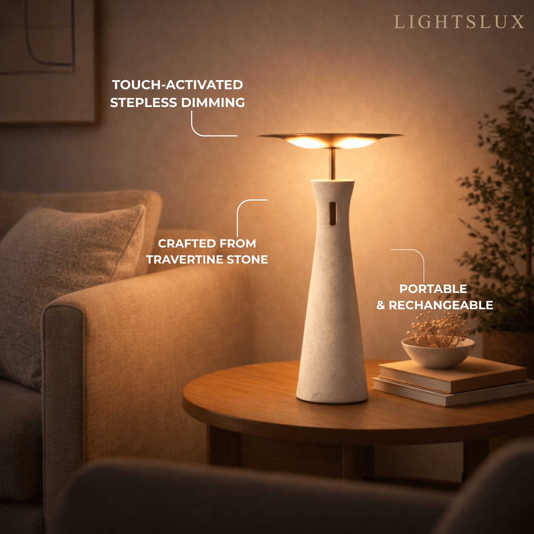 Genopladelig travertin bordlampe – aluminium med touch-dæmpning, bærbar til kontor/sengebord - Flindria