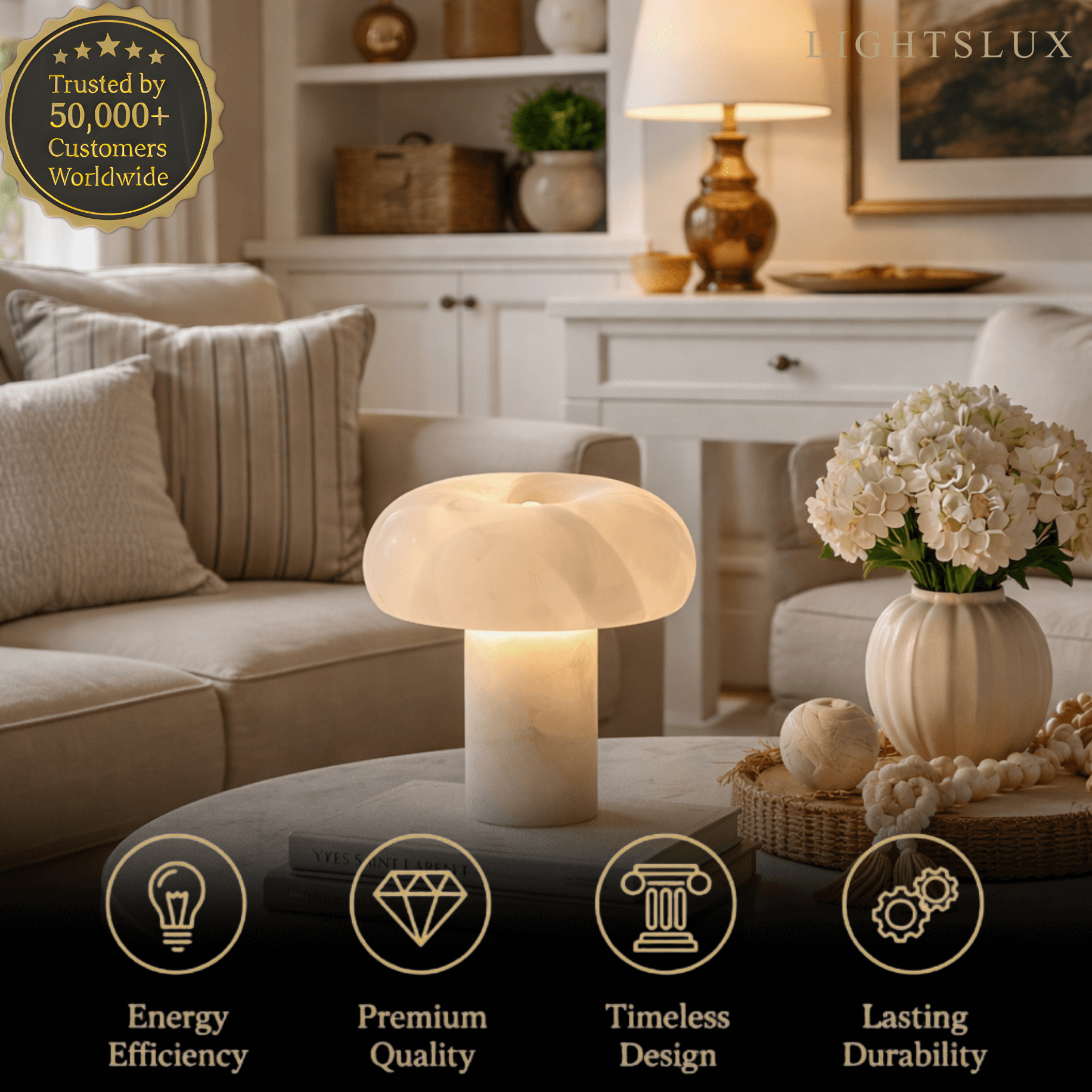 Moderne Bordlampe – Alabaster & Rustfrit Stål Rund til Seng eller Skrivebord - Flindria