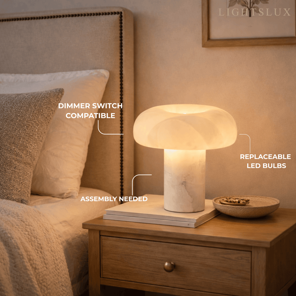 Lámpara de mesa moderna – Alabastro y acero inoxidable redondeada para mesita de noche o escritorio - Flindria