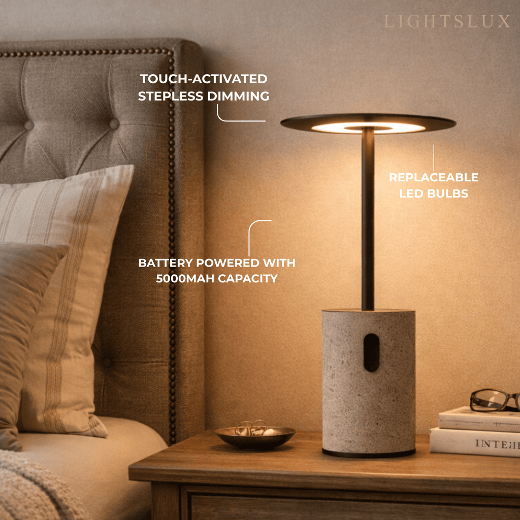 Moderni travertiini pöytävalaisin – ladattava alumiininen kannettava yöpöydälle ja olohuoneeseen - Flindria