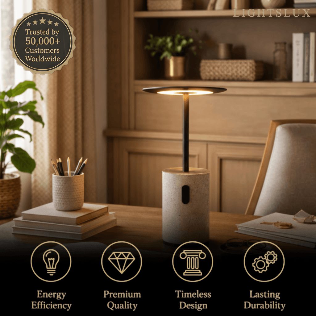 Moderni travertiini pöytävalaisin – ladattava alumiininen kannettava yöpöydälle ja olohuoneeseen - Flindria
