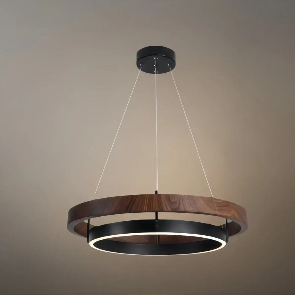 Modern Farmhouse Chandelier – Wood & Black Acrylic Circular LED for Dining Room - Flindria
