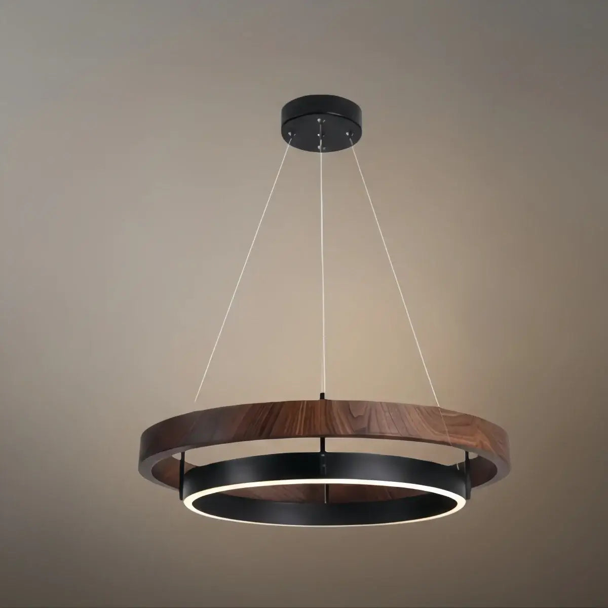 Modern Farmhouse Chandelier – Wood & Black Acrylic Circular LED for Dining Room - Flindria