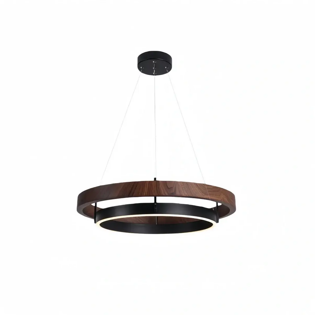 Modern Farmhouse Chandelier – Wood & Black Acrylic Circular LED for Dining Room - Flindria