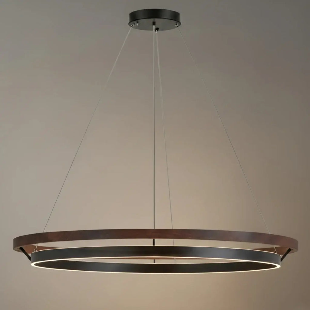 Modern Farmhouse Chandelier – Wood & Black Acrylic Circular LED for Dining Room - Flindria