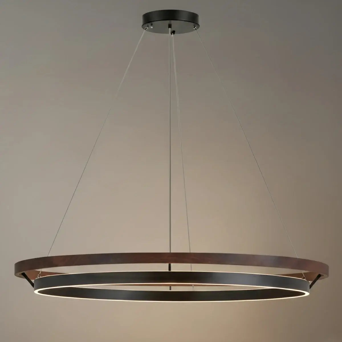 Modern Farmhouse Chandelier – Wood & Black Acrylic Circular LED for Dining Room - Flindria