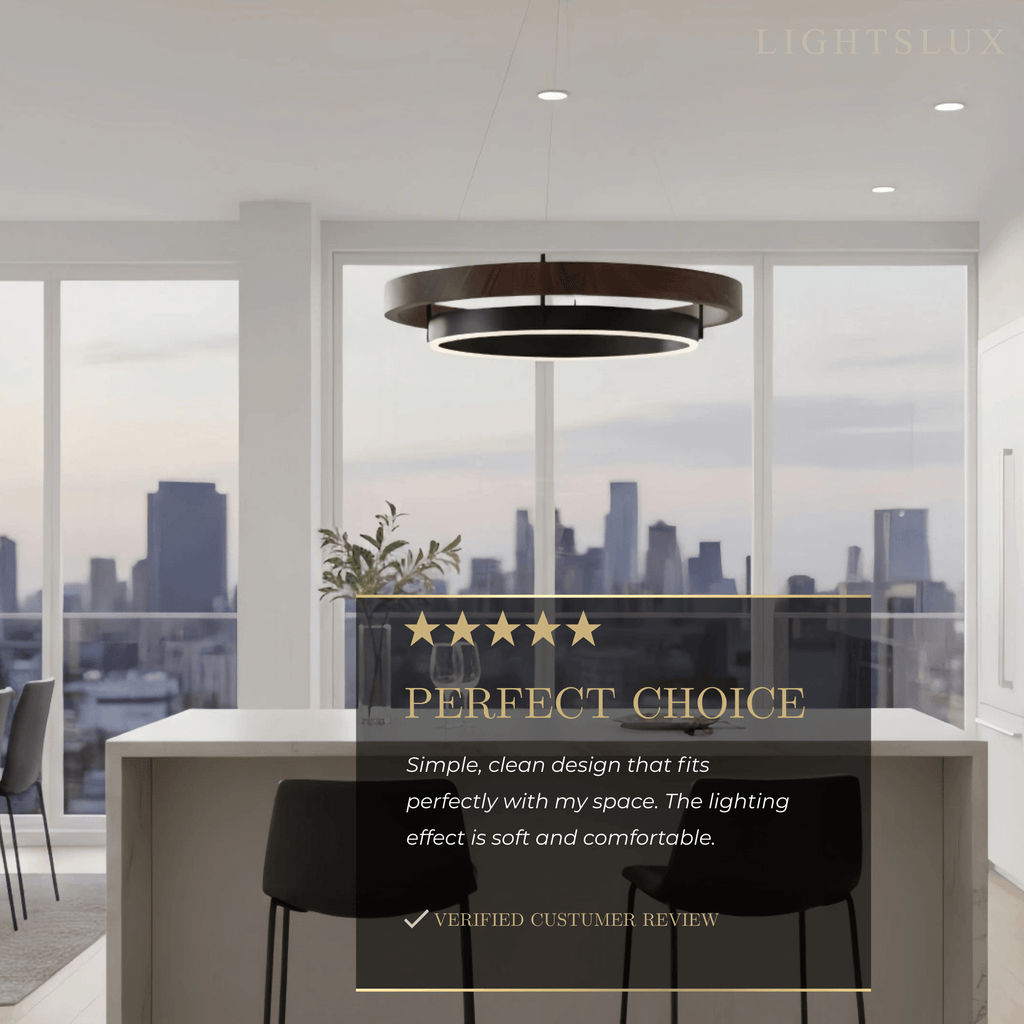 Modern Farmhouse Chandelier – Wood & Black Acrylic Circular LED for Dining Room - Flindria