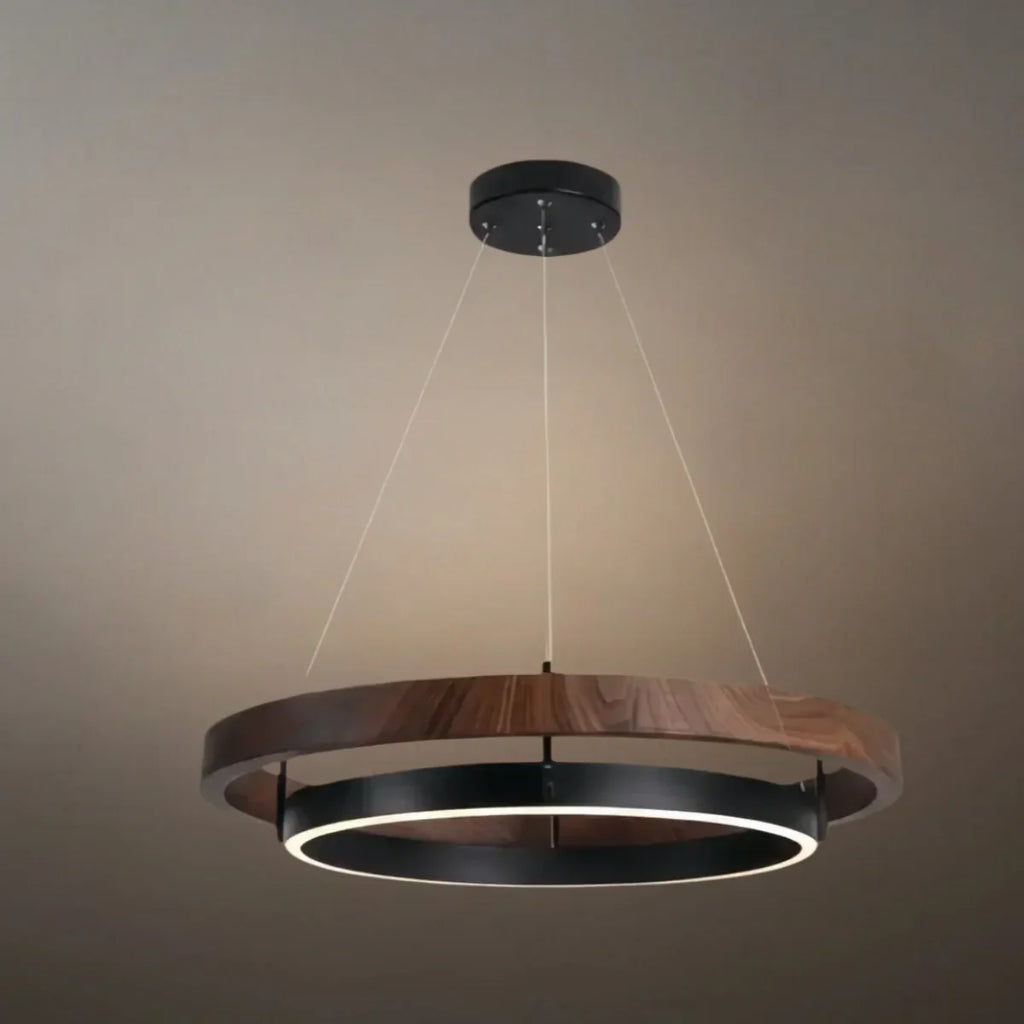 Modern Farmhouse Chandelier – Wood & Black Acrylic Circular LED for Dining Room - Flindria