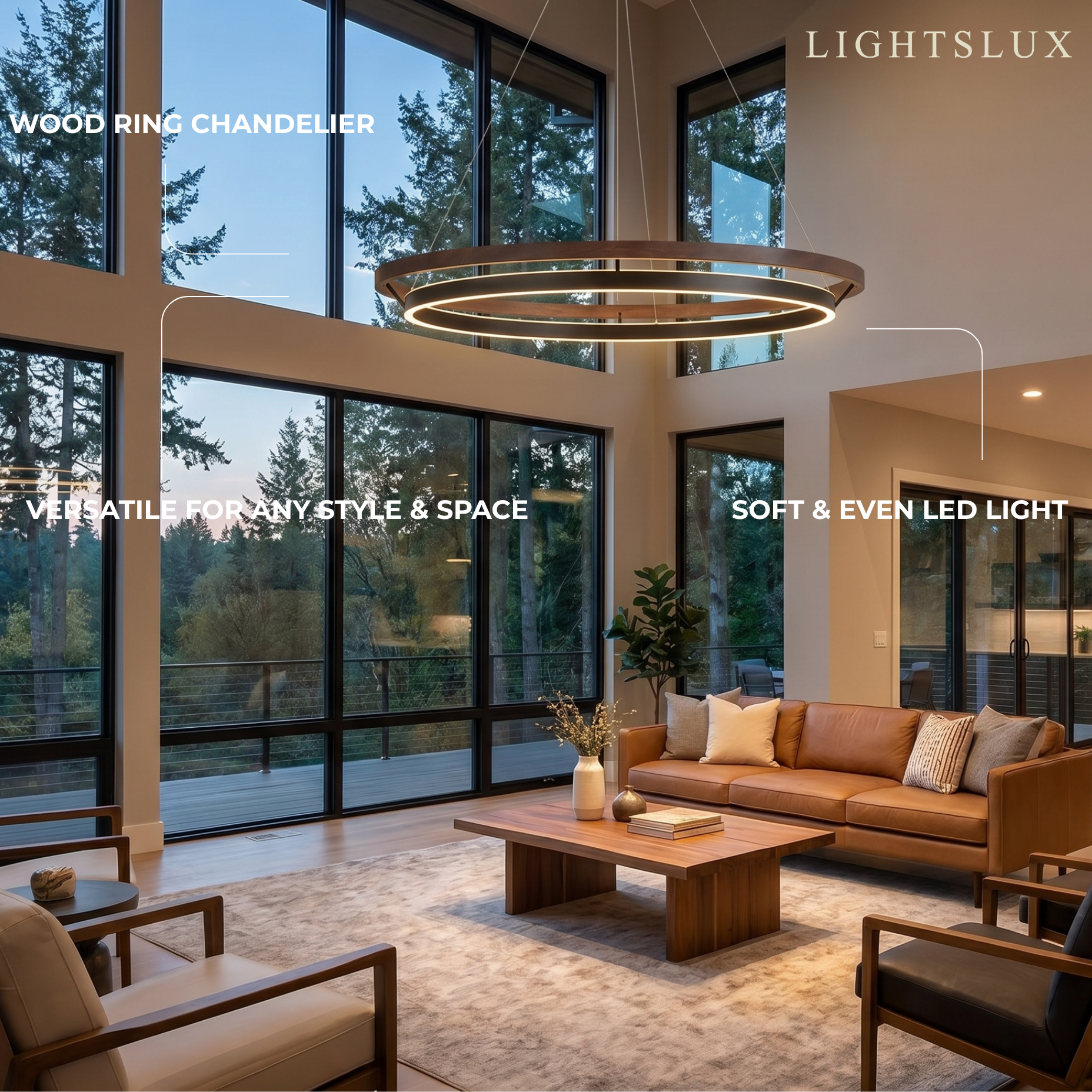Modern Farmhouse Chandelier – Wood & Black Acrylic Circular LED for Dining Room - Flindria