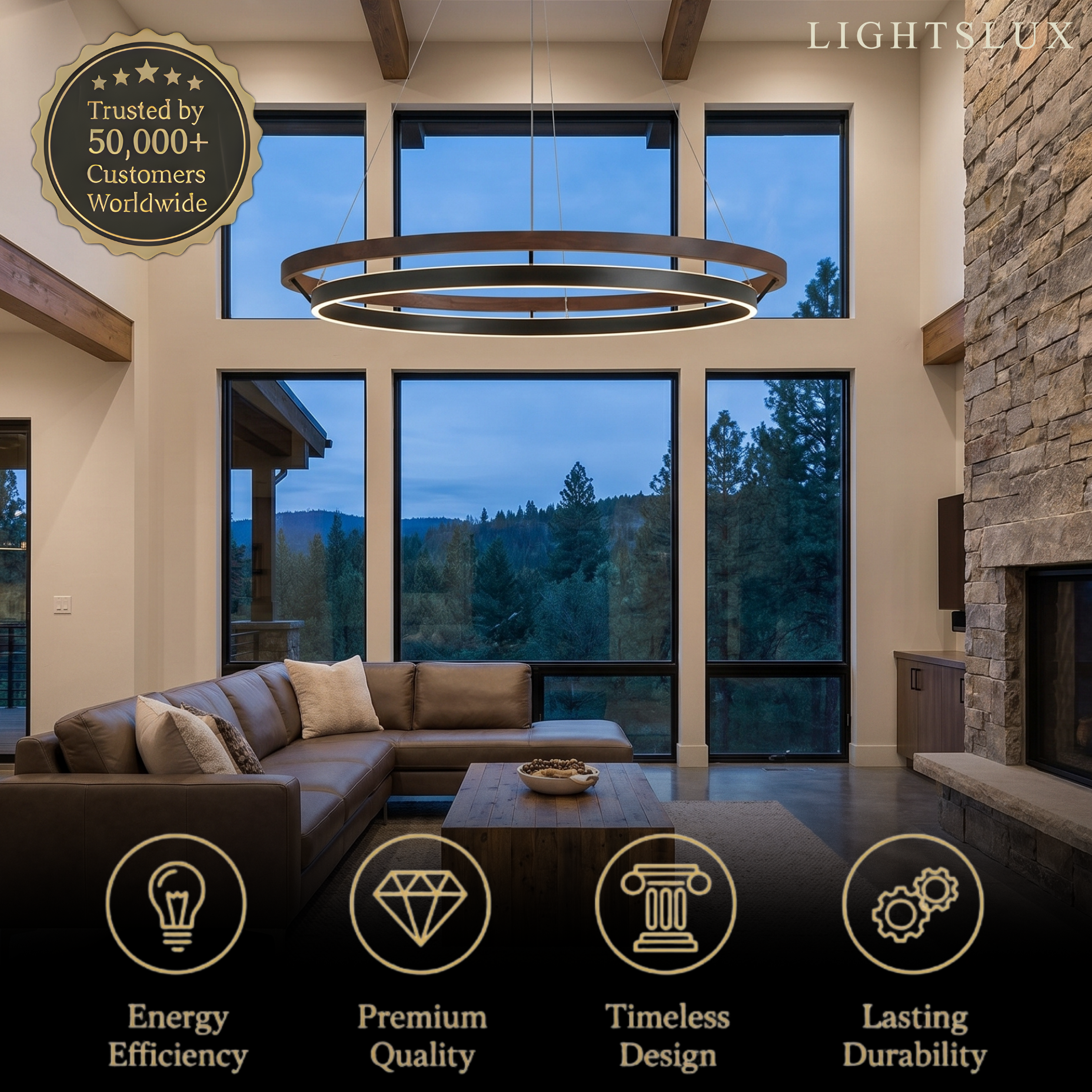 Modern Farmhouse Chandelier – Wood & Black Acrylic Circular LED for Dining Room - Flindria