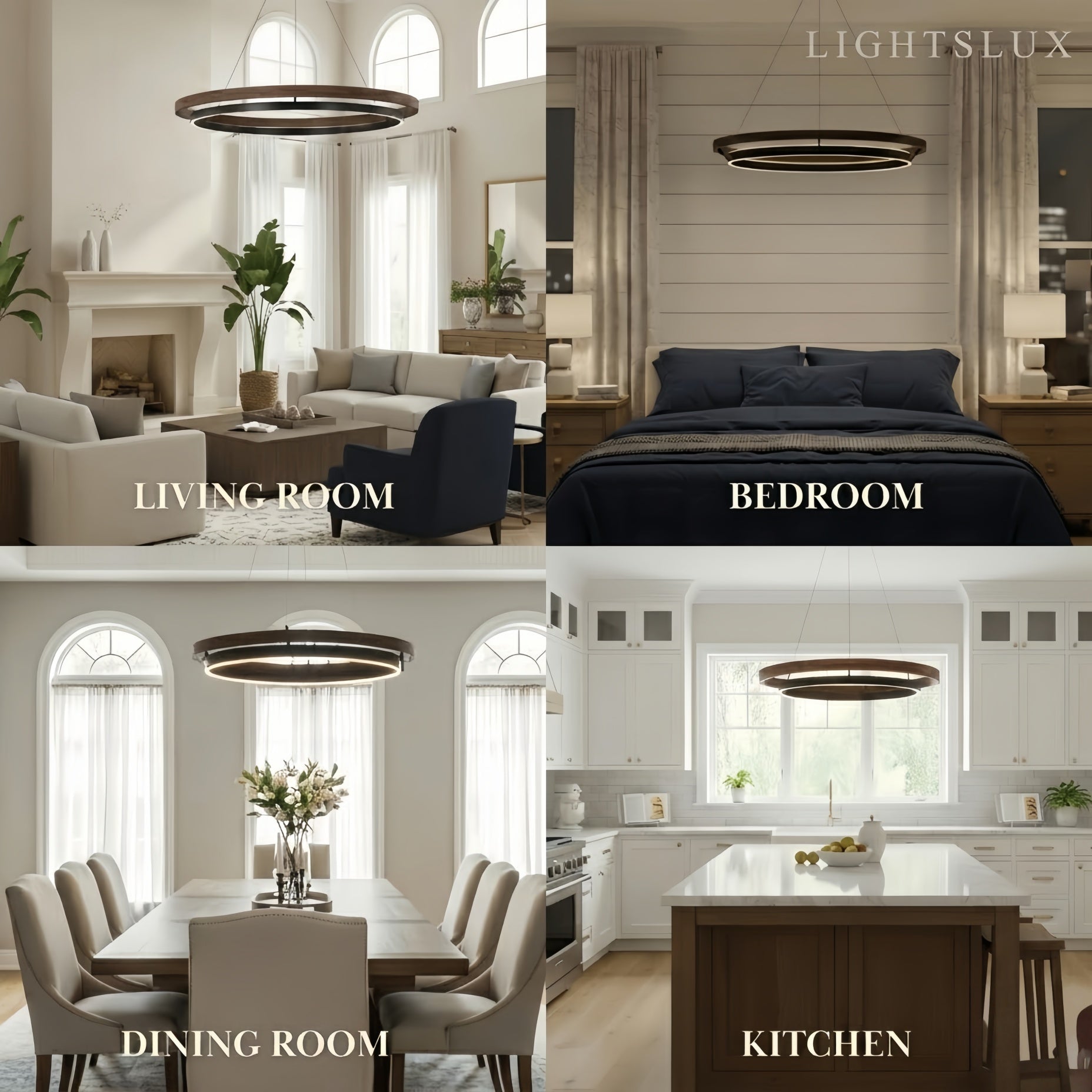 Modern Farmhouse Chandelier – Wood & Black Acrylic Circular LED for Dining Room - Flindria