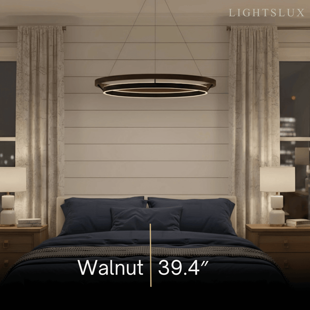Modern Farmhouse Chandelier – Wood & Black Acrylic Circular LED for Dining Room - Flindria