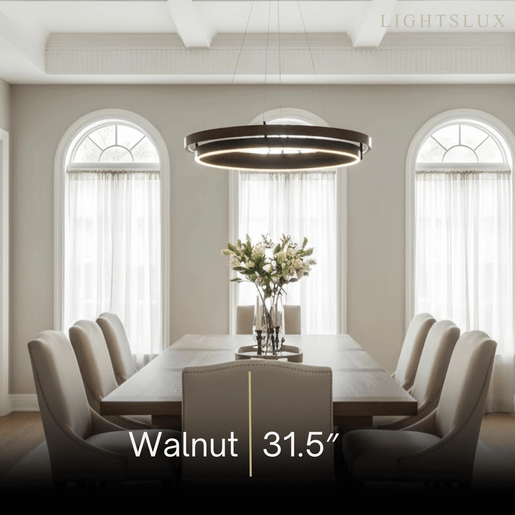 Modern Farmhouse Chandelier – Wood & Black Acrylic Circular LED for Dining Room - Flindria