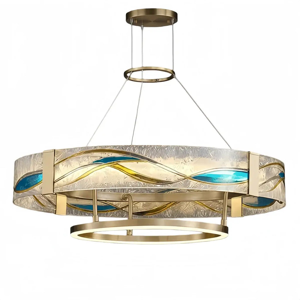Art Deco Enamel Chandelier – Textured Glass Brushed Brass Blue Amber for Dining Room - Flindria