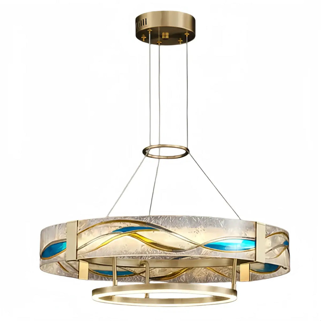 Art Deco Enamel Chandelier – Textured Glass Brushed Brass Blue Amber for Dining Room - Flindria
