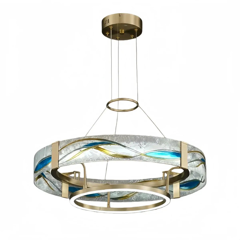 Art Deco Enamel Chandelier – Textured Glass Brushed Brass Blue Amber for Dining Room - Flindria