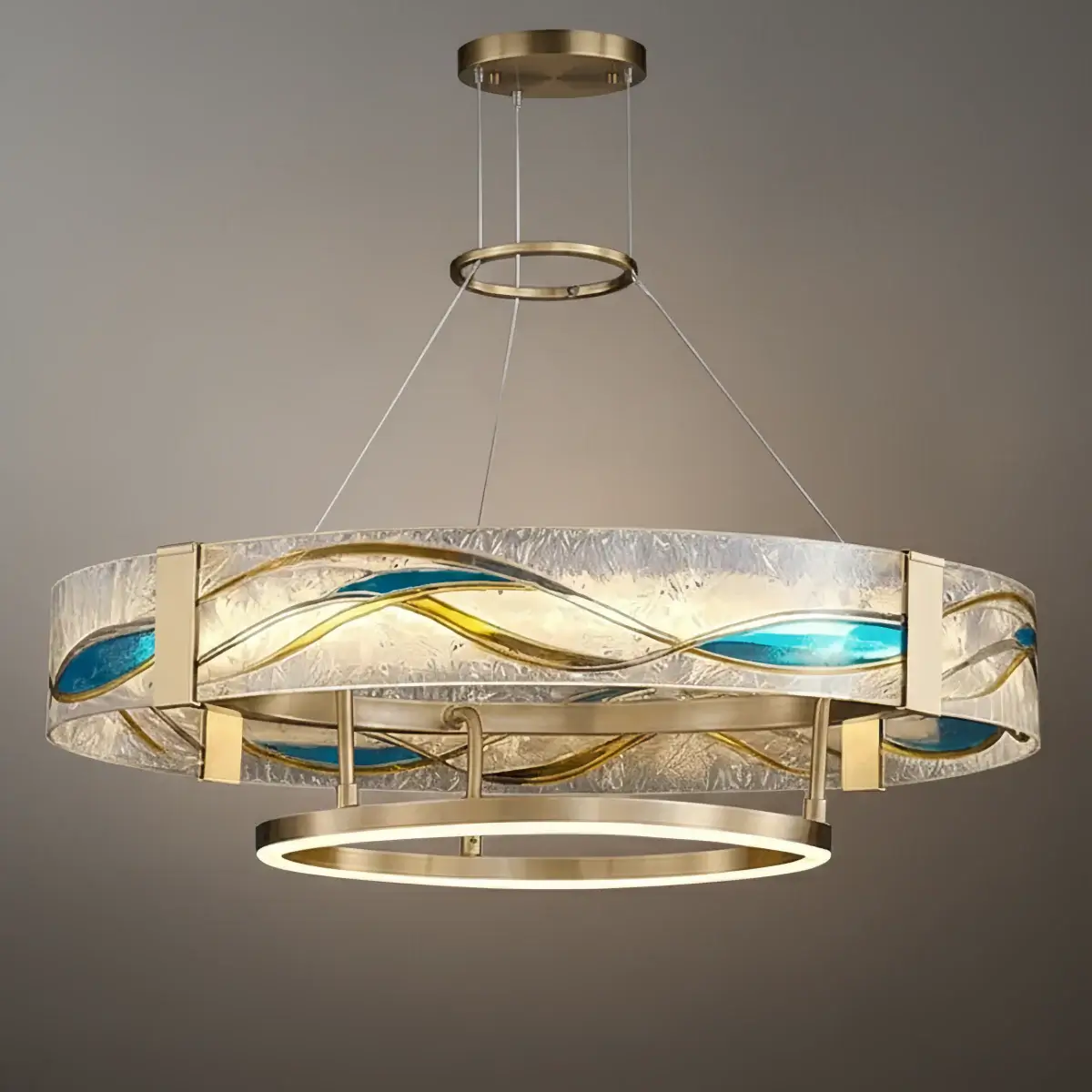 Art Deco Enamel Chandelier – Textured Glass Brushed Brass Blue Amber for Dining Room - Flindria