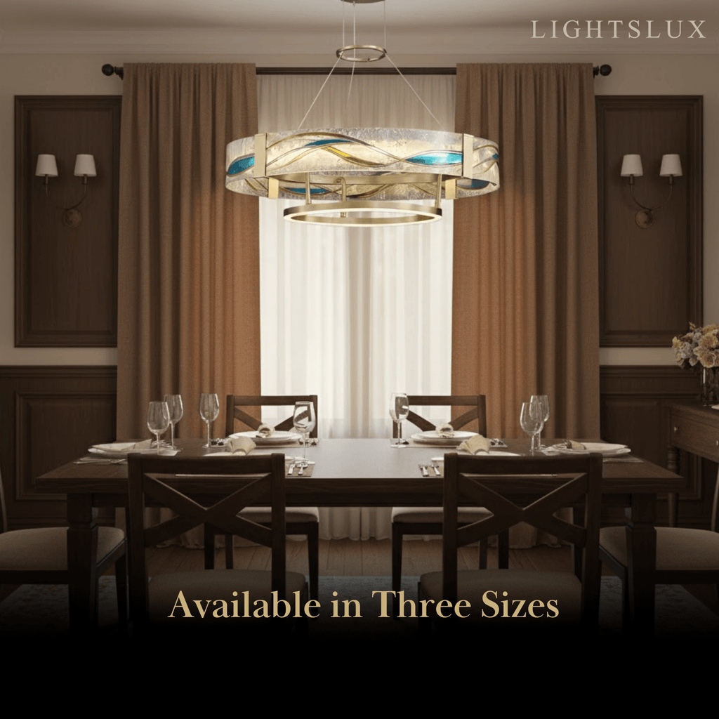 Art Deco Enamel Chandelier – Textured Glass Brushed Brass Blue Amber for Dining Room - Flindria