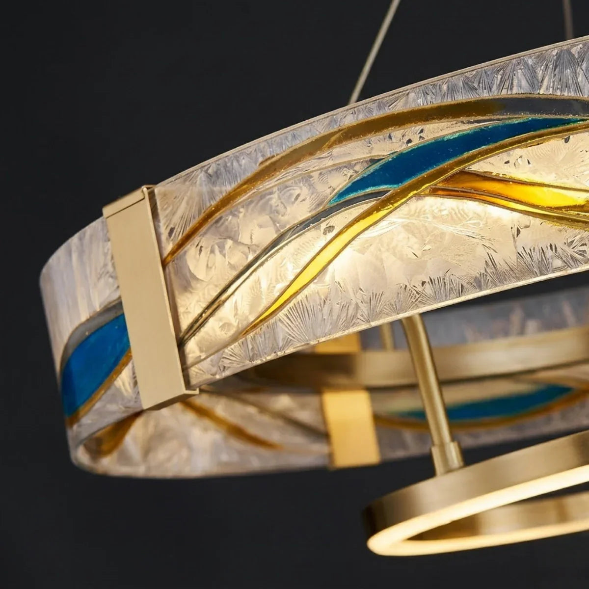 Art Deco Enamel Chandelier – Textured Glass Brushed Brass Blue Amber for Dining Room - Flindria