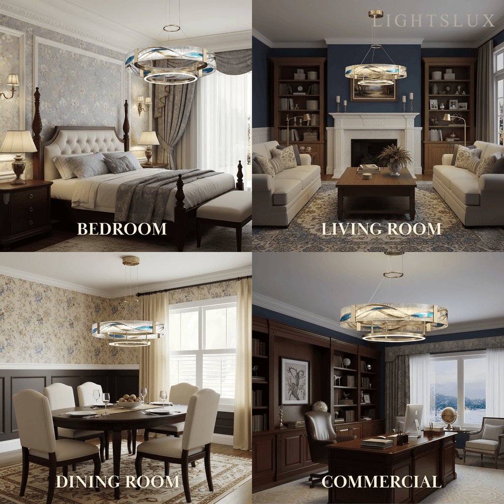 Art Deco Enamel Chandelier – Textured Glass Brushed Brass Blue Amber for Dining Room - Flindria