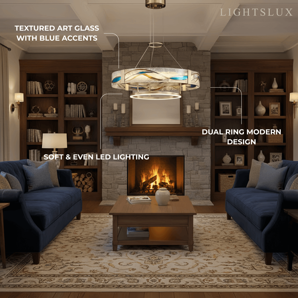 Art Deco Enamel Chandelier – Textured Glass Brushed Brass Blue Amber for Dining Room - Flindria