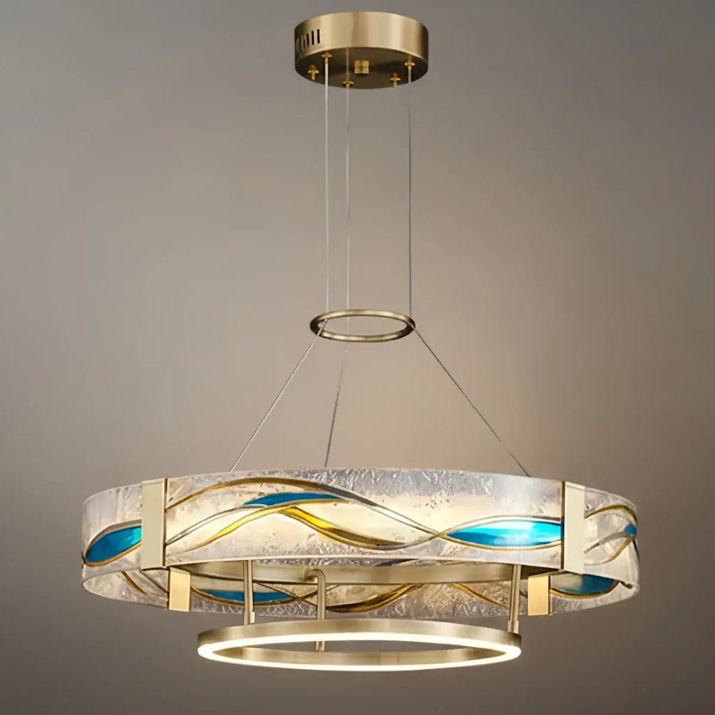 Art Deco Enamel Chandelier – Textured Glass Brushed Brass Blue Amber for Dining Room - Flindria