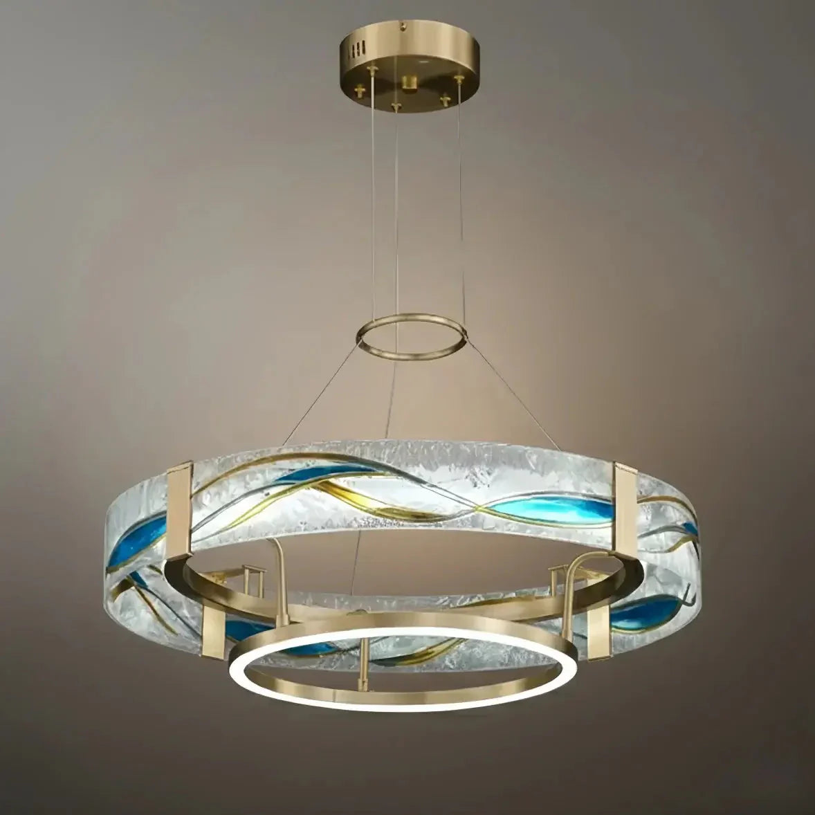 Art Deco Enamel Chandelier – Textured Glass Brushed Brass Blue Amber for Dining Room - Flindria