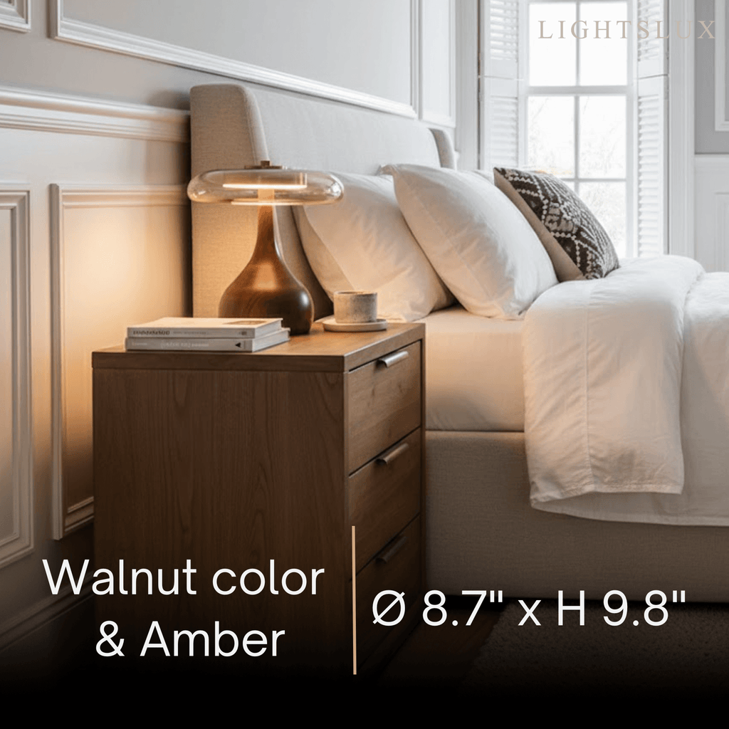 Lampe de Table Moderne – Socle en Bois & Abat-jour en Verre Ambre pour Bureau, Chevet ou Console - Flindria