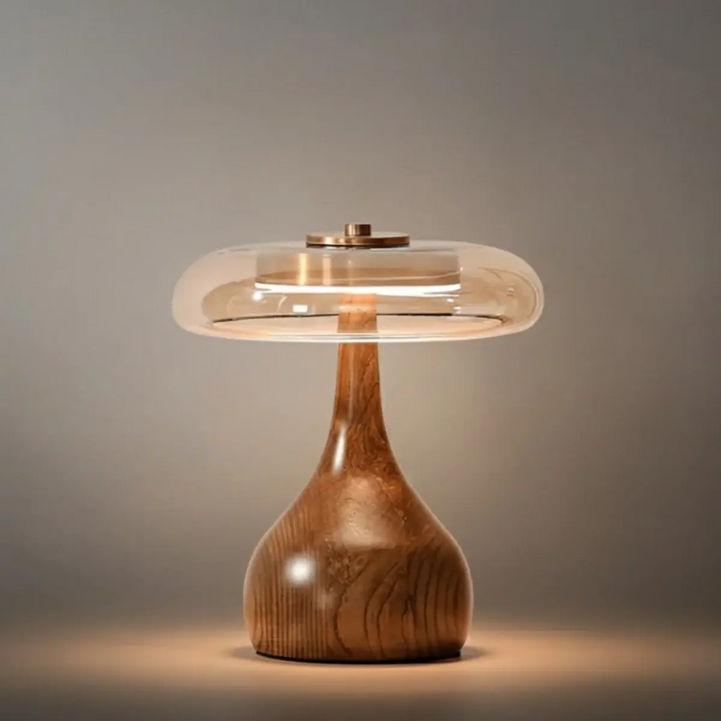 Lampe de Table Moderne – Socle en Bois & Abat-jour en Verre Ambre pour Bureau, Chevet ou Console - Flindria
