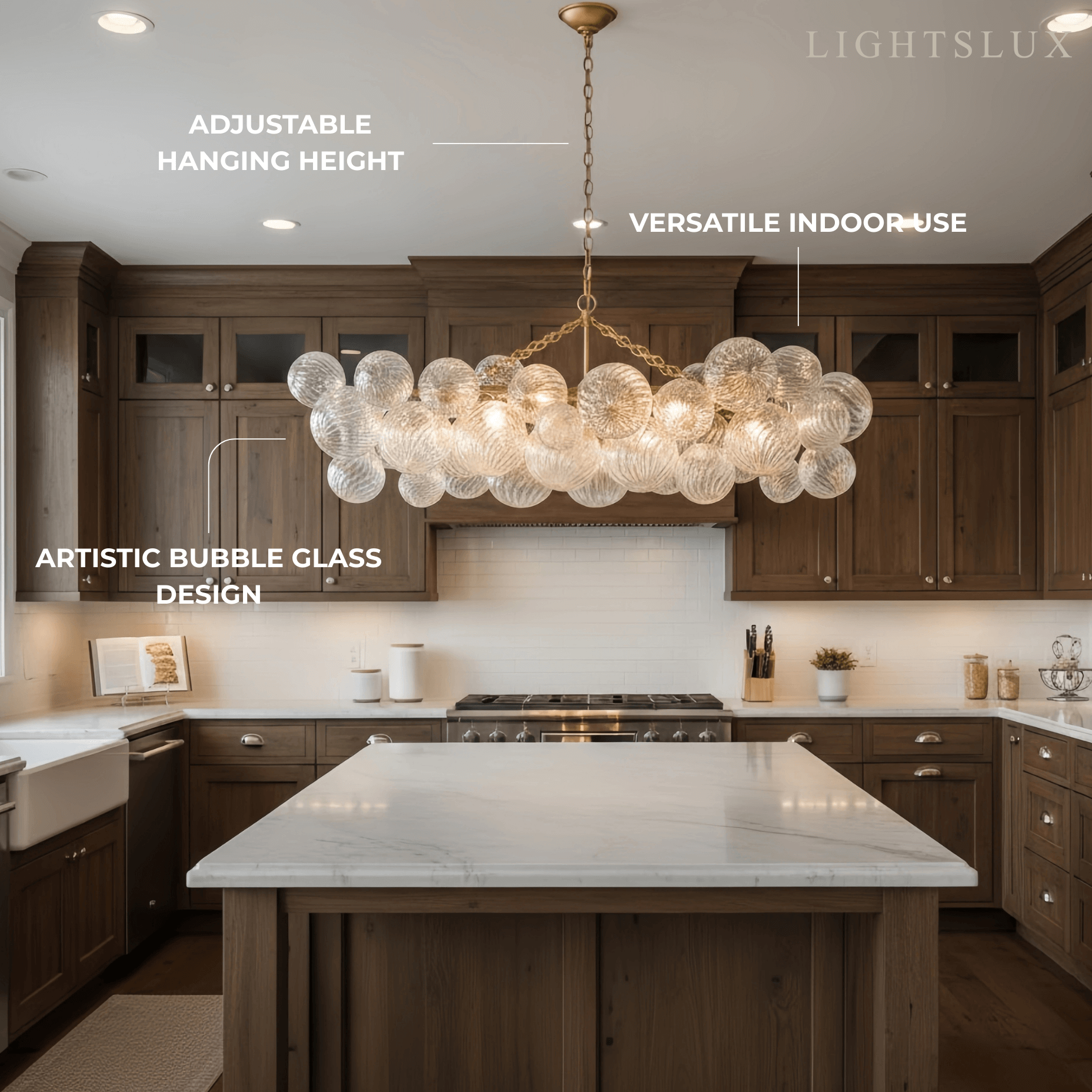Moderne kroonluchter – bubbel geëtst glas gouden kettingen artistiek voor eetkamer/entree - Flindria