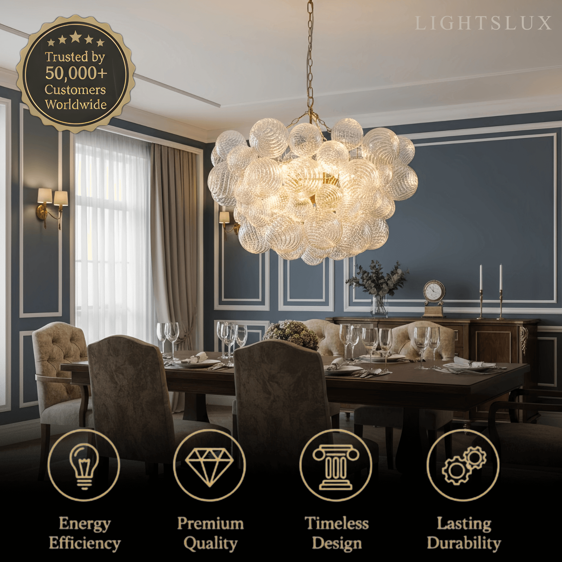 Moderne kroonluchter – bubbel geëtst glas gouden kettingen artistiek voor eetkamer/entree - Flindria