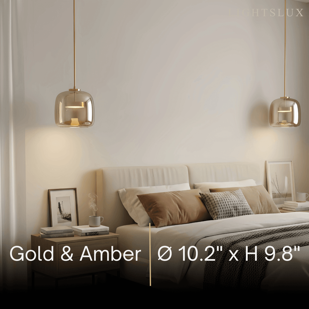 Moderne håndblæst pendellampe — røget glas og metalaccent til køkkenø - Flindria