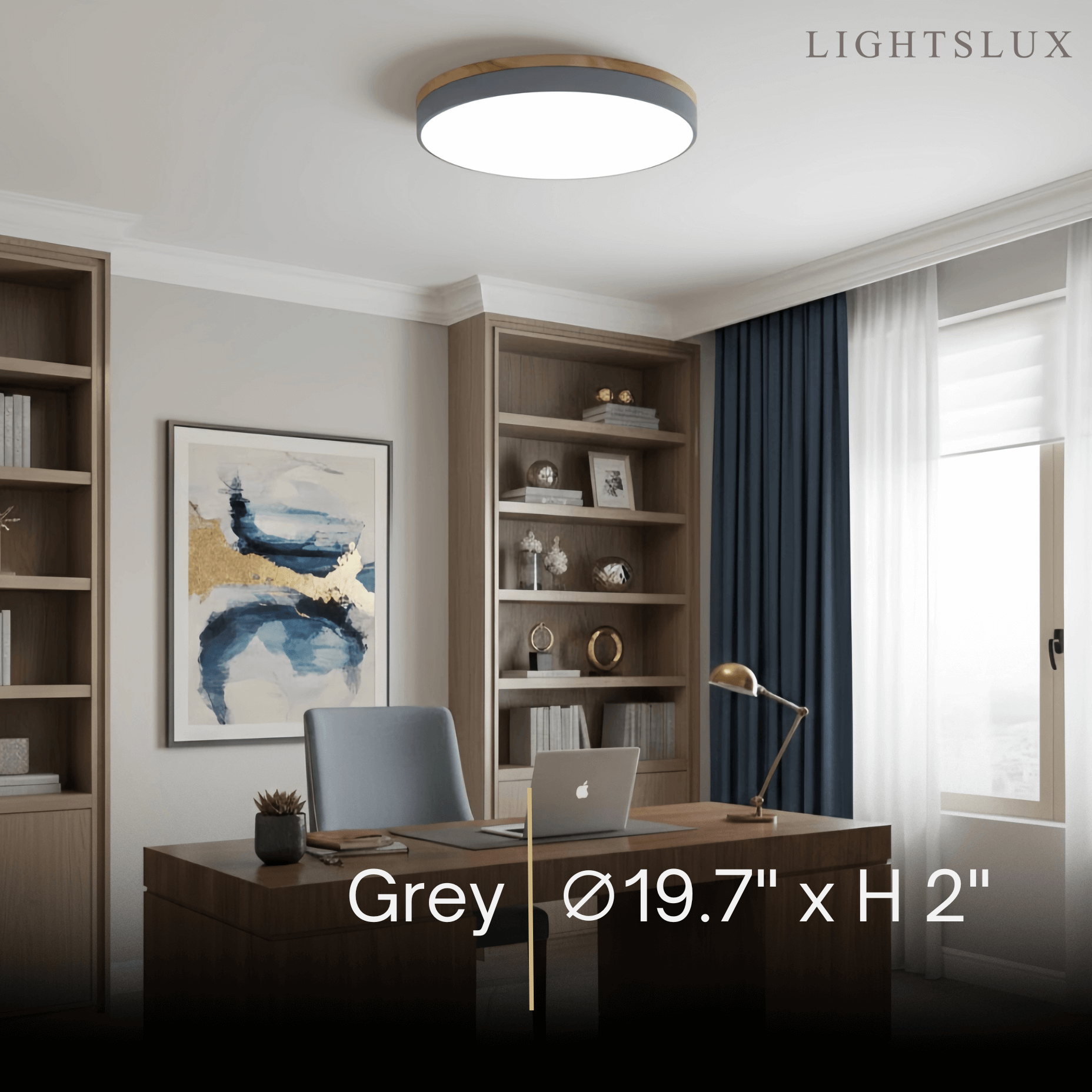 Minimalistische ronde plafondlamp — hout & matgrijs frame voor woonkamer/slaapkamer - Flindria