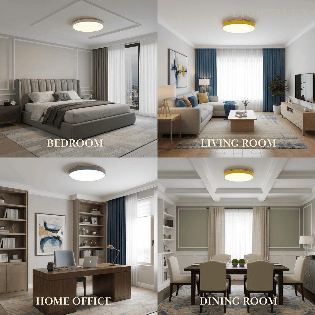 Minimalistische ronde plafondlamp — hout & matgrijs frame voor woonkamer/slaapkamer - Flindria