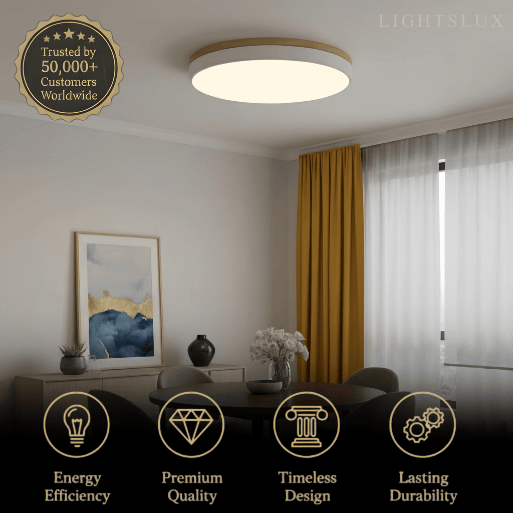Minimalistische ronde plafondlamp — hout & matgrijs frame voor woonkamer/slaapkamer - Flindria